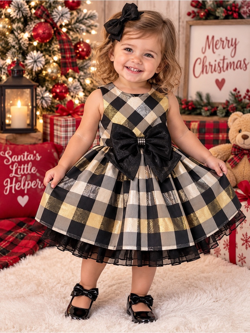 NWT! Toddler Black & Gold Plaid Holiday Dress with Bow